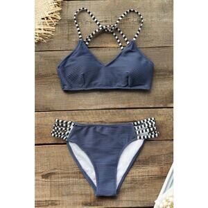 Cupshe Ribbed and Strappy Bikini Swim Suit Set Women’s Size XXL Navy Blue NWT